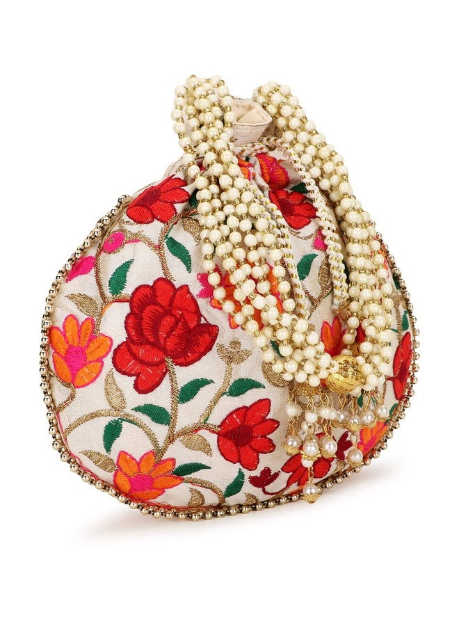 Anekaant Cream & Multi Floral Embroidered Faux Silk Potli - Image 5